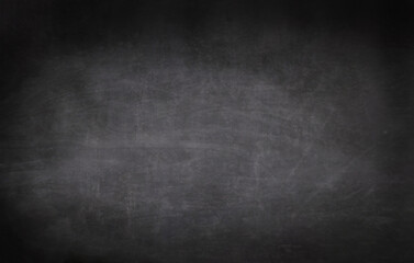 Chalkboard or black board texture abstract background with grunge dirt white chalk rubbed out on blank black billboard wall