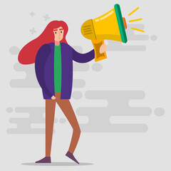 young woman holding megaphone vector illustration in flat style