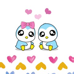 cute penquins in love illustration with pink and cream hearts