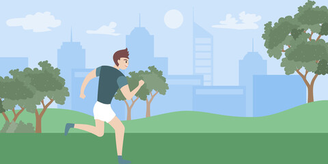 Solo outdoor activities concept. Young man is running alone in park. Flat style vector illustration