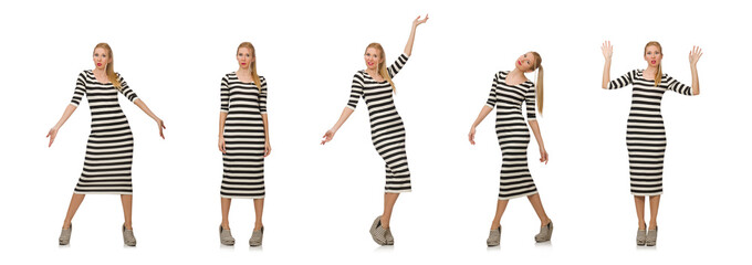 Young woman in long striped dress isolated on white