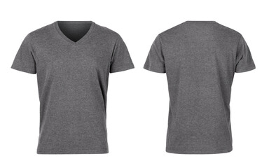 Gray woman v-nect t-shirts front and back isolated on white background, Clipping path.