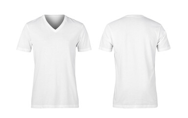 White woman v-nect t-shirts front and back isolated on white background, Clipping path.