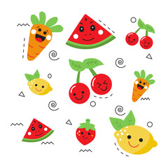 Vector templates of various fruit and vegetable patterns with cute and happy characters