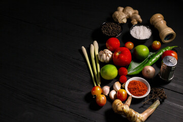 spices with ingredients on dark background. asian food, healthy or cooking concept.