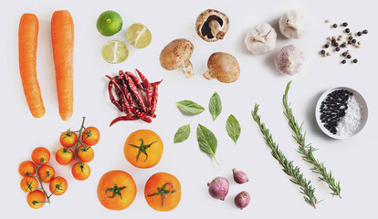 Healthy food ingredient background. Organic vegetables with herbs and spices, on white background