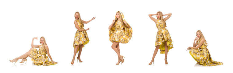 Lady in charming yellow dress isolated on white