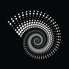 Abstract white dotted speed lines in vortex form. Halftone dots. Trendy design element for frames, logo, tattoo, sign, symbol, web, prints, posters, template and abstract background
