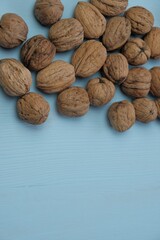 Walnut set  on a light blue wooden background.Organic Pure Bio Product. Useful Snack. Healthy fats