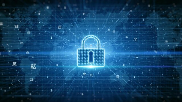 Lock Icon. Cyber Security of Digital Data Network Protection. High-speed connection data analysis. Technology data binary code network conveying connectivity background concept.