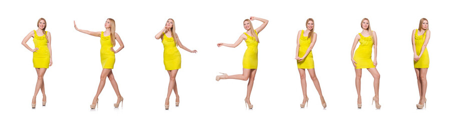 Pretty tall woman in short yellow dress isolated on white