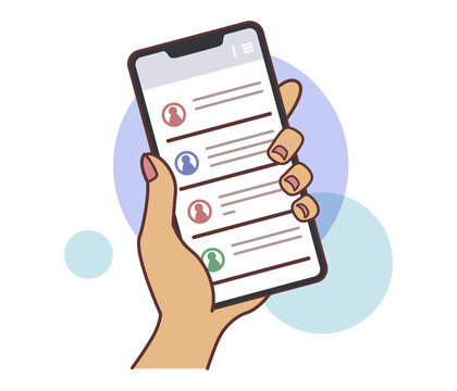 スマホでチャットツールを見る手元のイラスト・褐色・主線あり