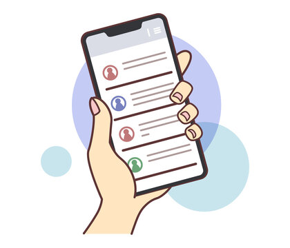 スマホでチャットツールを見る手元のイラスト・褐色・主線なし