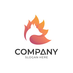 Logo design of fox silhouette inside fire shape, animal mascot logo template, flame vector illustration