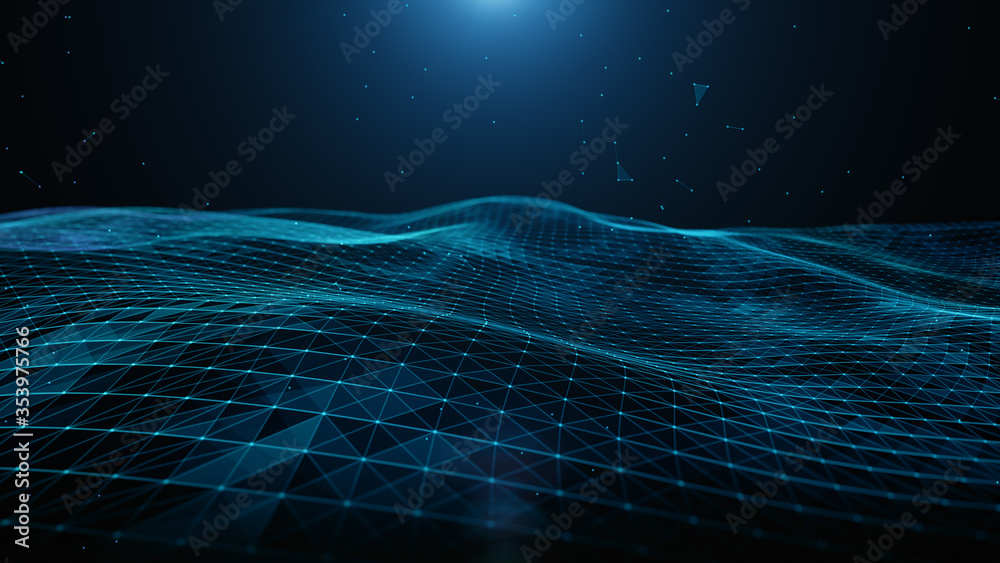 Fototapete Abstract blue digital particles, lines and dots connection wave flow, Digital data network connections for technology digital communication or social media connection future background concept.
