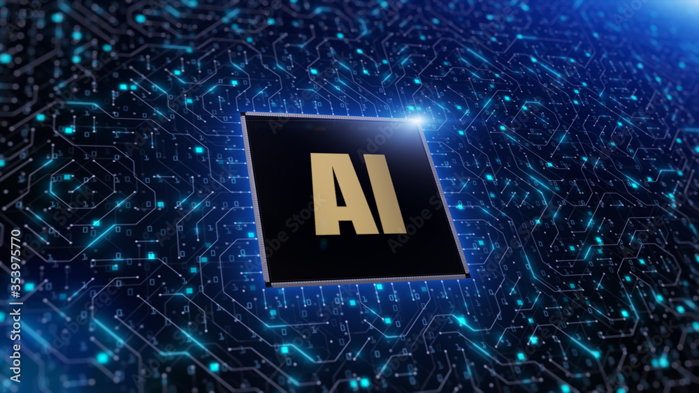 Poster digital 3d render of computer chip over circuit background with ai sign. ai(artificial intelligence)