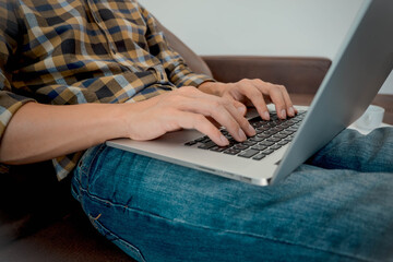 Fototapeta premium Sitting at home working at home working at home office at work online working using laptop computer online working working Meetings and job consultations online