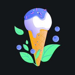 blueberry ice cream in a cone
around leaves and blueberries