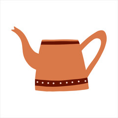 Trendy plastic watering can for watering the flowers of the garden outdoor or in the house indoor. Modern orange watering can for houseplants. Hand-drawn isolated vector flat illustrations