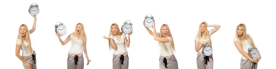 Woman with clock isolated on white