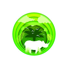 Green Abstract Paper Cut Tree Design Elements Vector Background Rhinoceros Africa Animal Wild Silhouette Nature