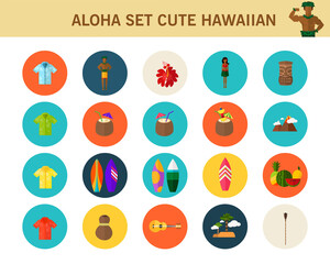 Aloha Set Cute Hawaiian concept flat icons.