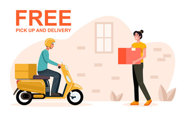 Delivery man riding a scooter and picking up a package from young woman. Vector