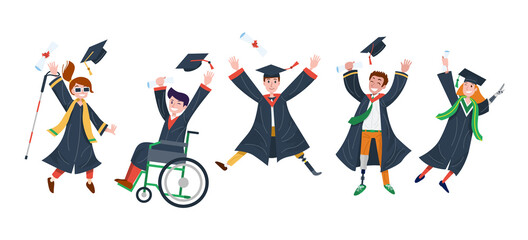 Happy disables students in different sex and nationalities jumping with joy. Vector Illustration