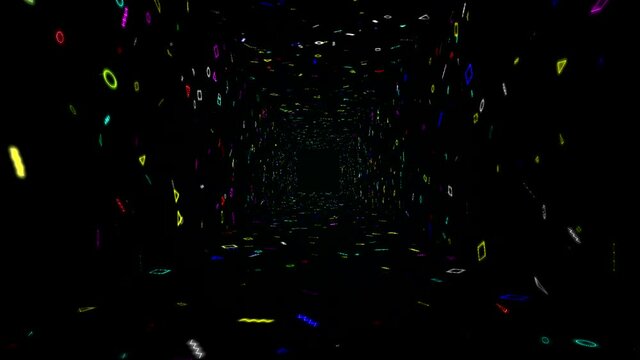 VJ Infinite Tunnel Loop of Random Glowing Retro Neon Shapes For Electronic Dance Music - Rainbow Colors. 