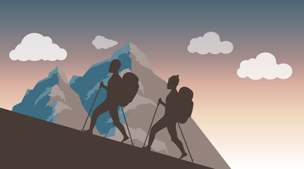 Climbing to the top. Silhouettes of two climbers climbing to the top of the mountain against the backdrop of the sunset. Vector illustration.