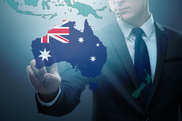 Concept of immigration to Australia with virtual button pressing - obrazy, fototapety, plakaty