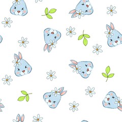 Rabbits. Colorful seamless pattern with muzzles of animals. Background with cute bunny