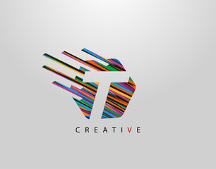 Fast T Letter Logo. Creative Modern Abstract Geometric Initial T Design, made of various colorful pop art strips shapes