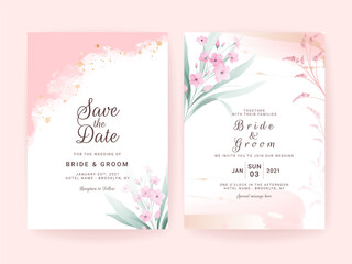 Set of wedding invitation template with abstract shapes and floral border. Flowers composition vector for save the date, greeting, thank you, rsvp, etc