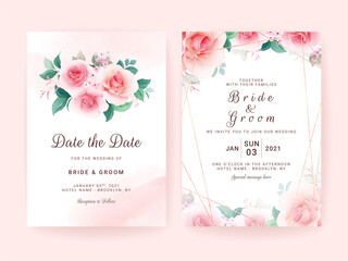 Set of wedding invitation template with flower bouquet & border, brush stroke, and geometric frame. Floral composition vector for save the date, greeting, thank you, rsvp, etc