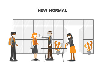 New normal, checking people for fever before they enter a business. People wear protective face masks, using hand sanitizer alcohol gel rub, and keep a safe distance. COVID-19 outbreak prevention.