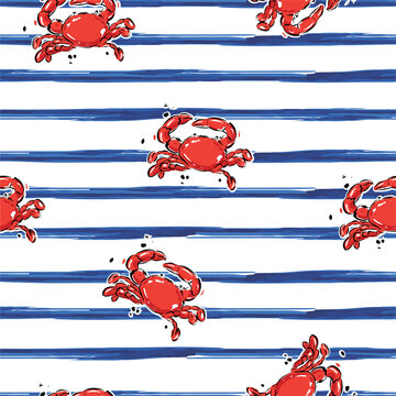 Trendy red Ocean crab with brush stroke blue stripe seamless pattern illustration vector EPS10  ,Design for fashion,fabric,web,wallpaper,wrpping,cover