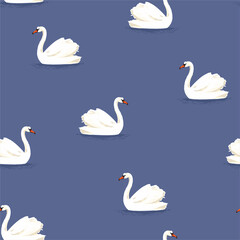 Beautiful Classic hand drawn white swan bird in the blue lake seamless pattern in vector EPS10 ,Design for fashion,fabric,web,wallpaper,cover,wrapping