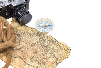 vintage camera old map on a white background