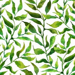 Seamless pattern with stylized leaves. Floral endless pattern filled with green leaves. Fresh greenery background, wallpaper, textile print.Watercolor hand drawn illustration on a white background.