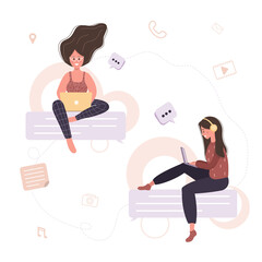 Communication concept. Woman sitting on chat bubbles. Girls taking part in business online meetings, negotiation, talking to each other. Modern vector illustration in cartoon style.