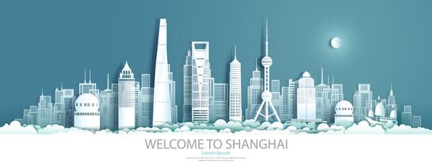 Tour Landmark downtown China Shanghai with urban skyscraper.