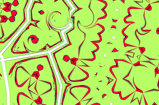 Asymmetric Pattern Strokes Curls Dotted Red Black White On A Green Background