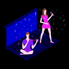 Night musical duet at home on a laptop. Singer with a microphone sings and girlfriend plays the flute. Beautiful young women rehearsing song and melody. Flying notes and treble clef. Musical vector.