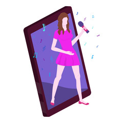 Singer online steps out of mobile phone. Virtual reality of music world. Beautiful girl in cocktail dress with microphone sings song. Flying notes and treble clef. Isolated vector illustration.