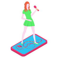 Young singer in a green short dress stands on a touchscreen mobile phone with a treble clef from hearts. Pop singer performs a song online. Vector cartoon illustration isolated on white background.