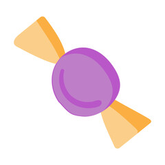 Violet candy with yellow ends in a flat style on a white background. Gift promotion design, sticker for letter to customer, gift icon, birthday, holiday. A symbol of gift and sweetness