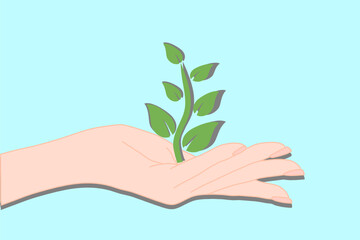 Fototapeta na wymiar Elegant hand with green plant and leaf. Agricultural organic and natural products sign. healthy lifestyle concept. Sprout or new life logotype. 