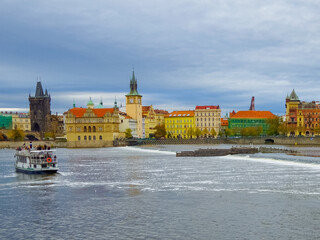 Autumn panorama with Vltava River and Prague Castle, Central Europe, Czech Republic, copy space for...