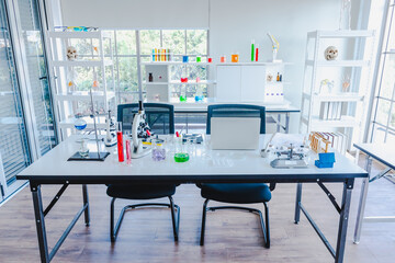 Glasswares and skeleton at the science laboratory.